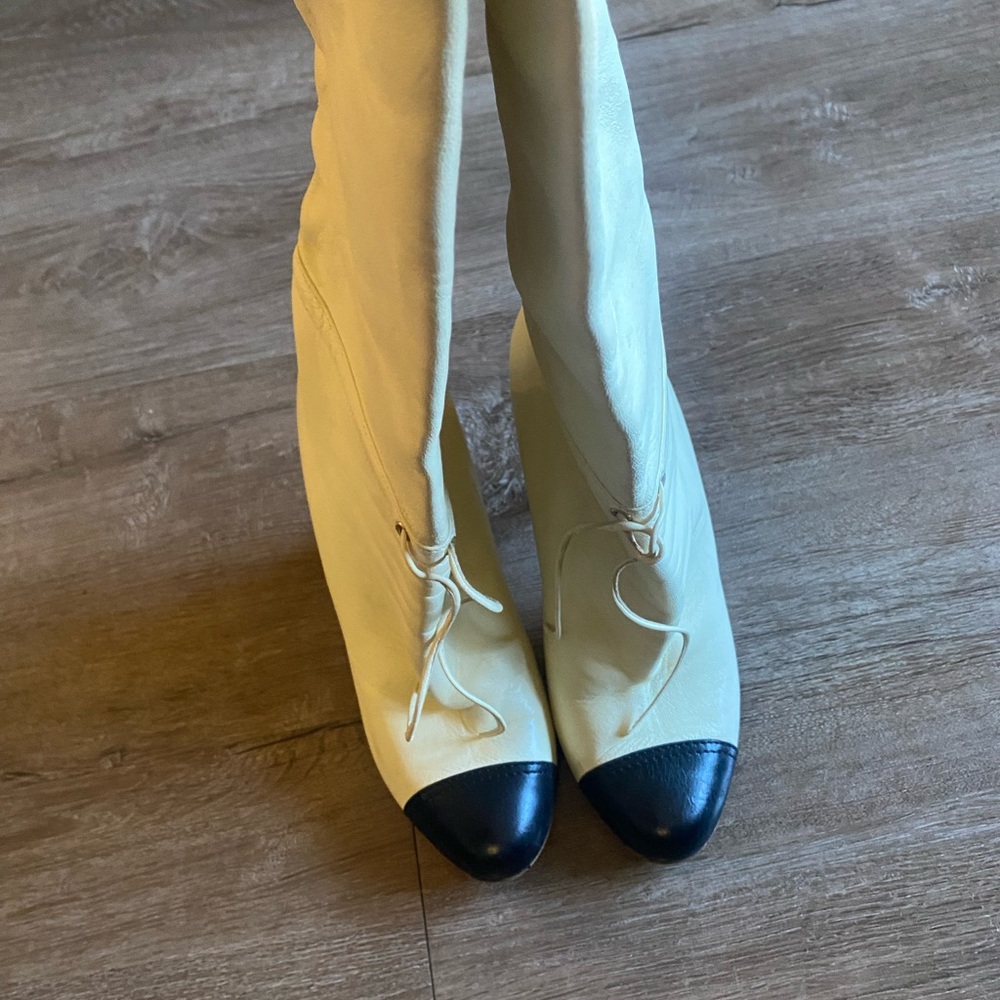 CHANEL Cream and Black Heeled Boots